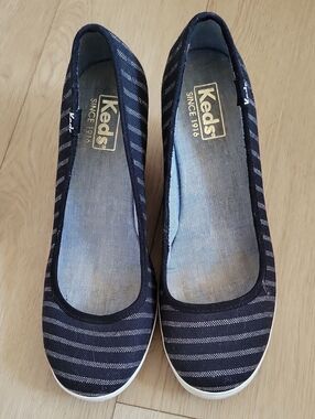 Keds Navy and White Striped Canvas Slip-On Wedges
